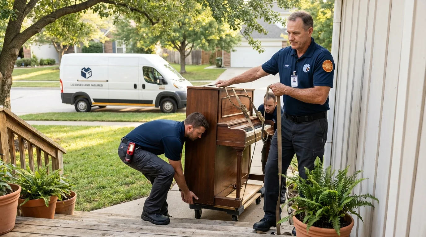 Licensed piano movers securing grand piano in Brigantine, NJ