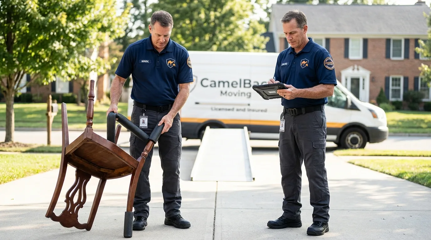 Movers inspecting furniture for damage prevention before loading in Brigantine, NJ
